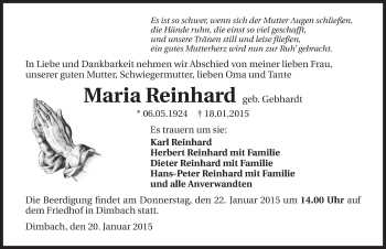 Traueranzeige von Maria Reinhard 