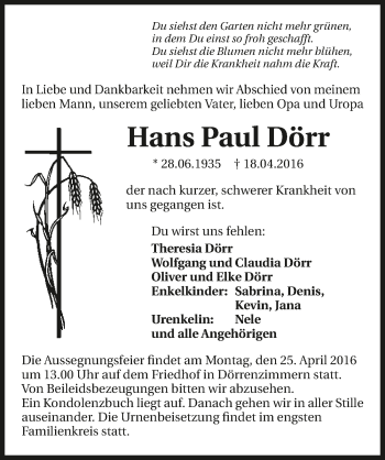 Traueranzeige von Hans Paul Dörr 