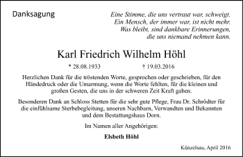 Traueranzeige von Karl Friedrich Wilhelm Höhl 