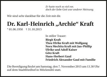 Traueranzeige von Karl-Heinrich  Kraft 