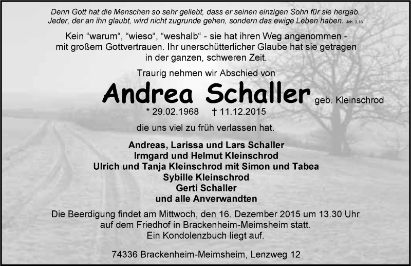  Traueranzeige für Andrea Schaller vom 14.12.2015 aus 