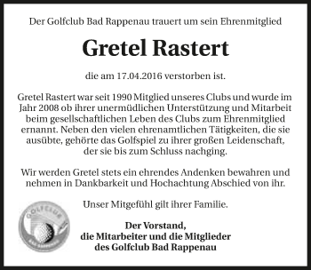 Traueranzeige von Gretel Rastert 