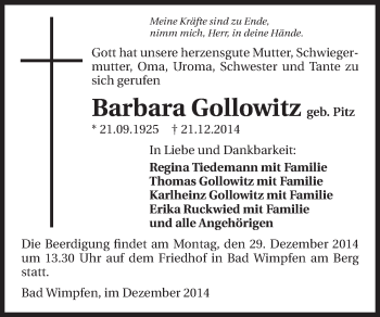 Traueranzeige von Barbara Gollowitz 