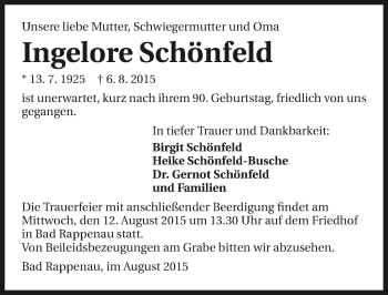 Traueranzeige von Ingelore Schönfeld 