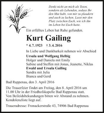 Traueranzeige von Kurt Gailing 