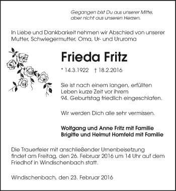 Traueranzeige von Frieda Fritz 