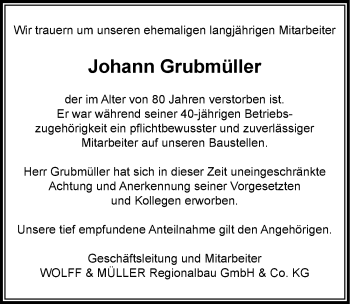 Traueranzeige von Johann Grubmüller 