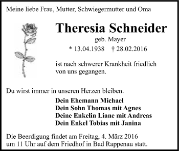 Traueranzeige von Theresia Schneider 