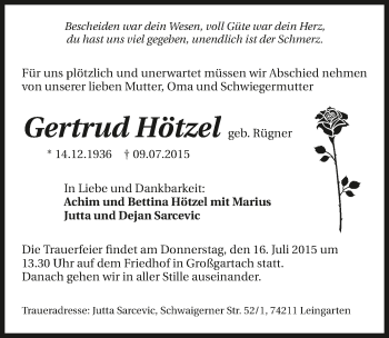 Traueranzeige von Gertrud Hötzel 