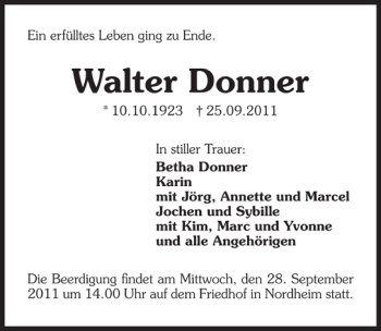 Traueranzeige von Walter Donner 