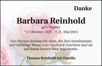 Traueranzeige von Barbara Reinhold 