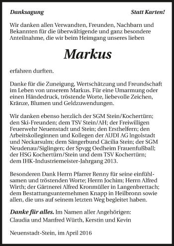 Traueranzeige von Markus Würth 