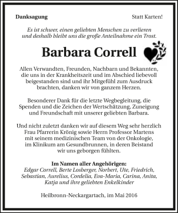 Traueranzeige von Barbara Correll 