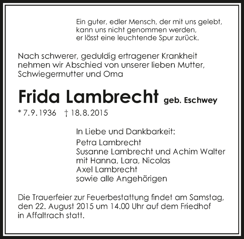  Traueranzeige für Frida Lambrecht vom 19.08.2015 aus 