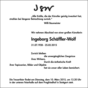 Traueranzeige von Ingeborg Schäffler-Wolf 