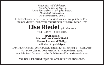 Traueranzeige von Else Riedel 