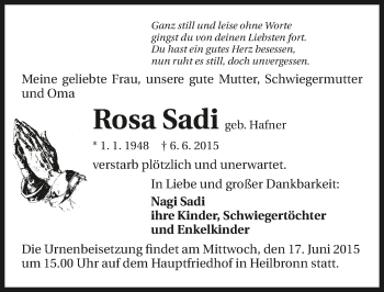 Traueranzeige von Rosa Sadi 