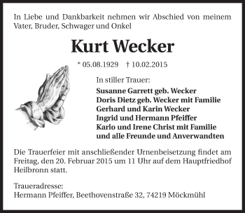 Traueranzeige von Kurt Wecker 