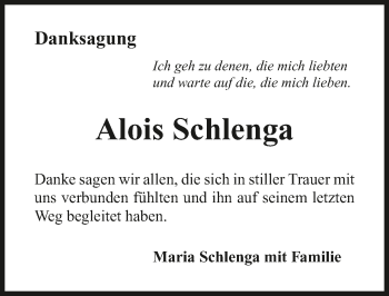 Traueranzeige von Alois Schlenga 