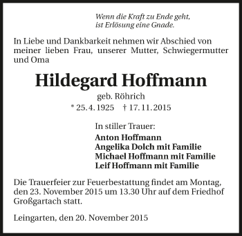 Traueranzeige von Hildegard Hoffmann 