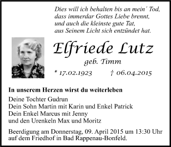 Traueranzeige von Elfriede Lutz 