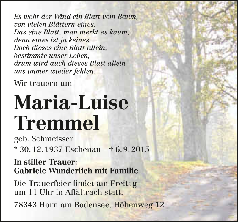  Traueranzeige für Maria-Luise Tremmel vom 10.09.2015 aus 