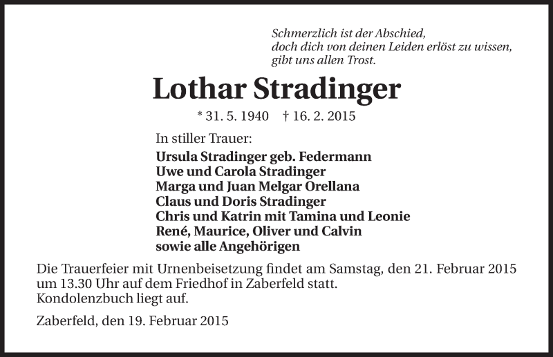  Traueranzeige für Lothar Stradinger vom 19.02.2015 aus 