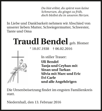 Traueranzeige von Traudl Bendel 