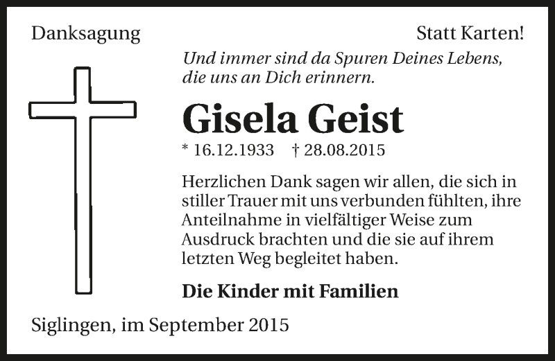 Traueranzeige für Gisela Geist vom 16.09.2015 aus 