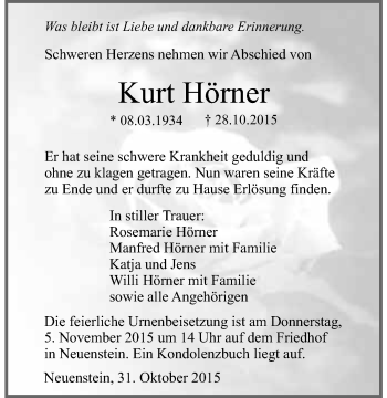 Traueranzeige von Kurt Hörner 