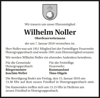 Traueranzeige von Wilhelm Noller 