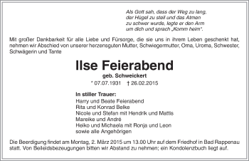 Traueranzeige von Ilse Feierabend 