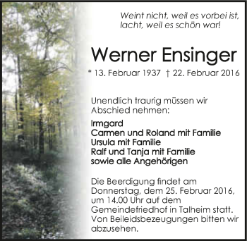 Traueranzeige von Werner Ensinger 