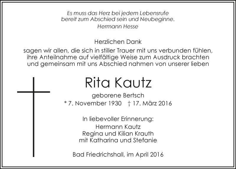  Traueranzeige für Rita Kautz vom 09.04.2016 aus 