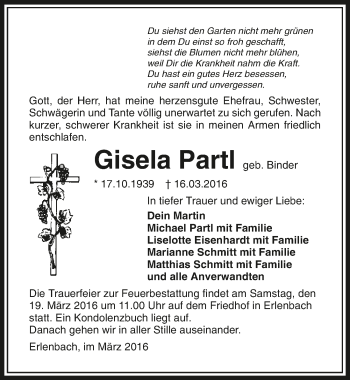 Traueranzeige von Gisela Partl 