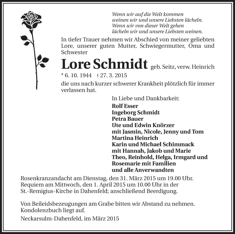  Traueranzeige für Lore Schmidt vom 31.03.2015 aus 