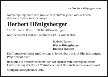 Traueranzeige von Herbert Hönigsberger 