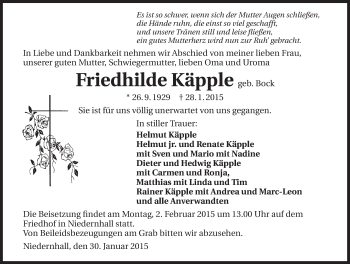 Traueranzeige von Friedhilde Käpple 