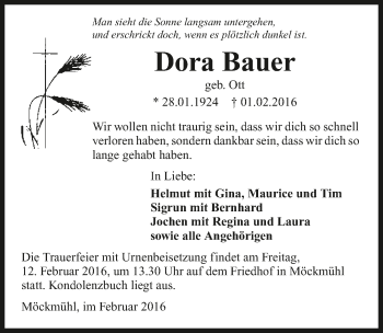 Traueranzeige von Dora Bauer 