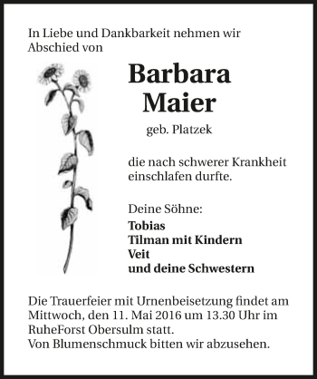 Traueranzeige von Barbara Maier 