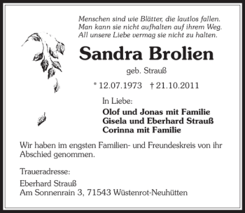 Traueranzeige von Sandra Brolien 