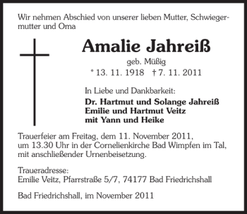 Traueranzeige von Amalie Jahreiß 