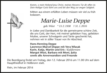 Traueranzeige von Marie-Luise Deppe 