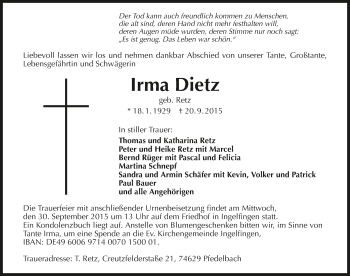 Traueranzeige von Irma Dietz 