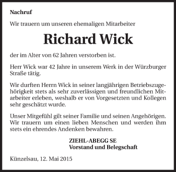 Traueranzeige von Richard Wick 