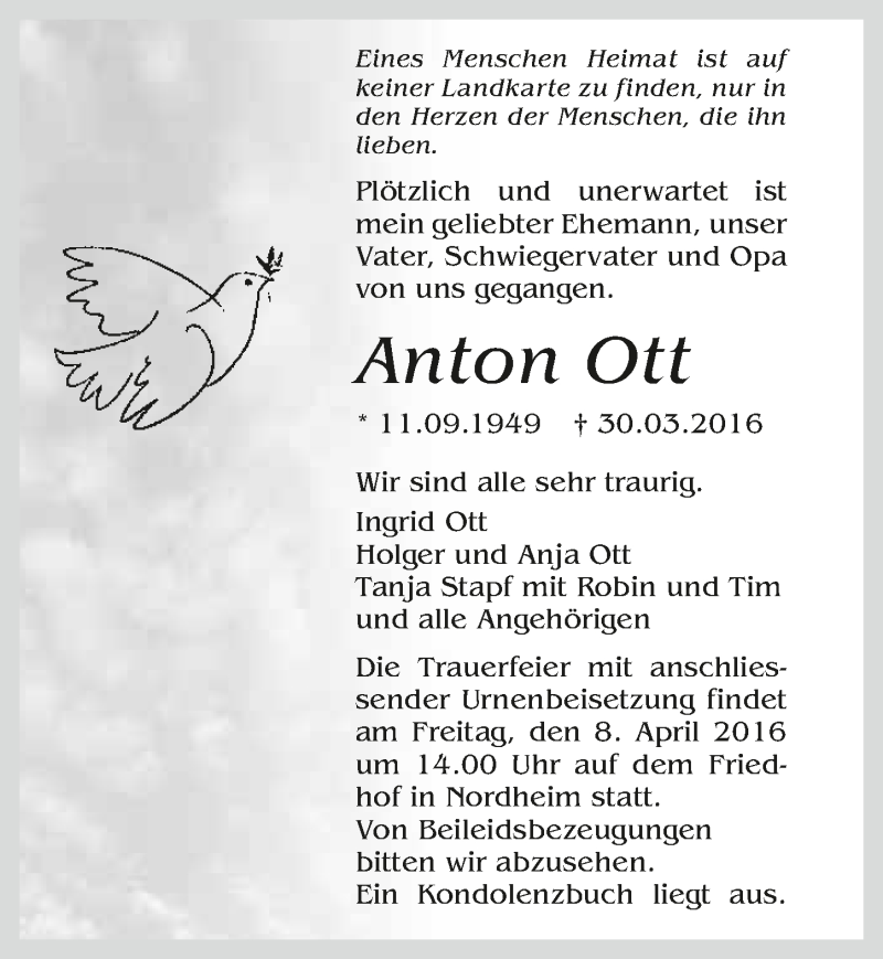  Traueranzeige für Anton Ott vom 05.04.2016 aus 