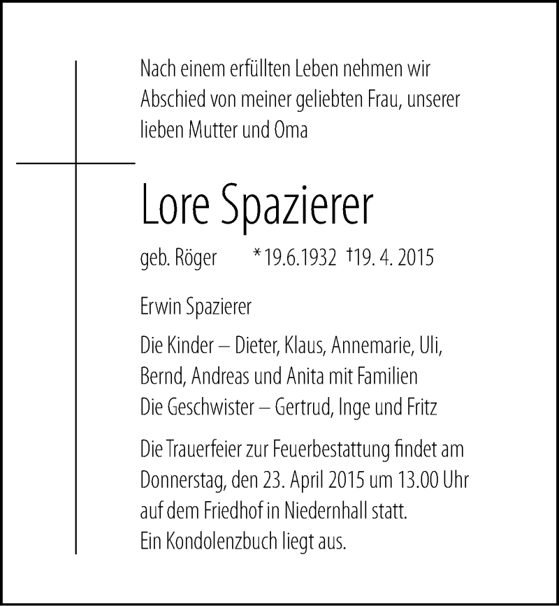  Traueranzeige für Lore Spazierer vom 21.04.2015 aus 