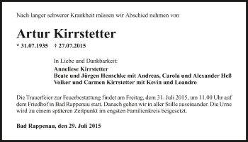 Traueranzeige von Artur Kirrstetter 