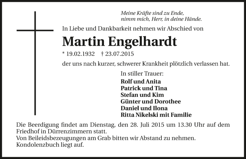  Traueranzeige für Martin Engelhardt vom 27.07.2015 aus 