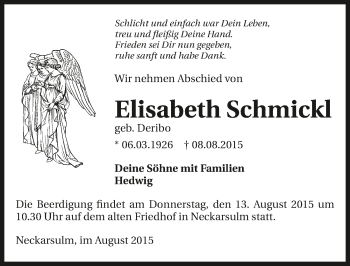 Traueranzeige von Elisabeth Schmickl 